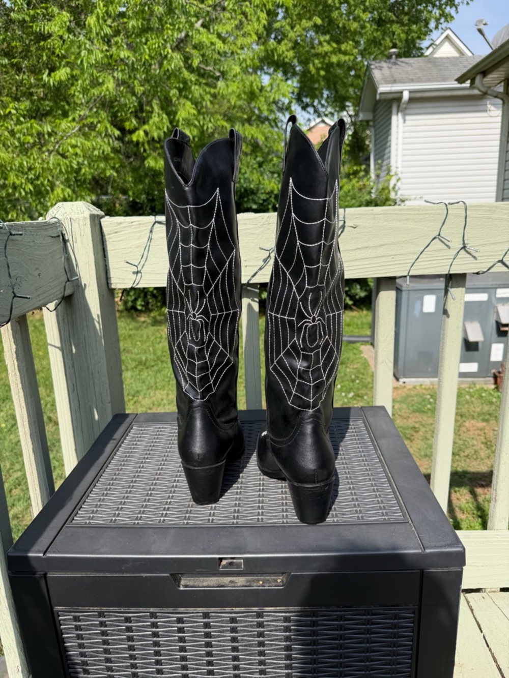 Amazon Black Western Knee-High Boots with White Spiderweb Stitching - Picture 6 of 8